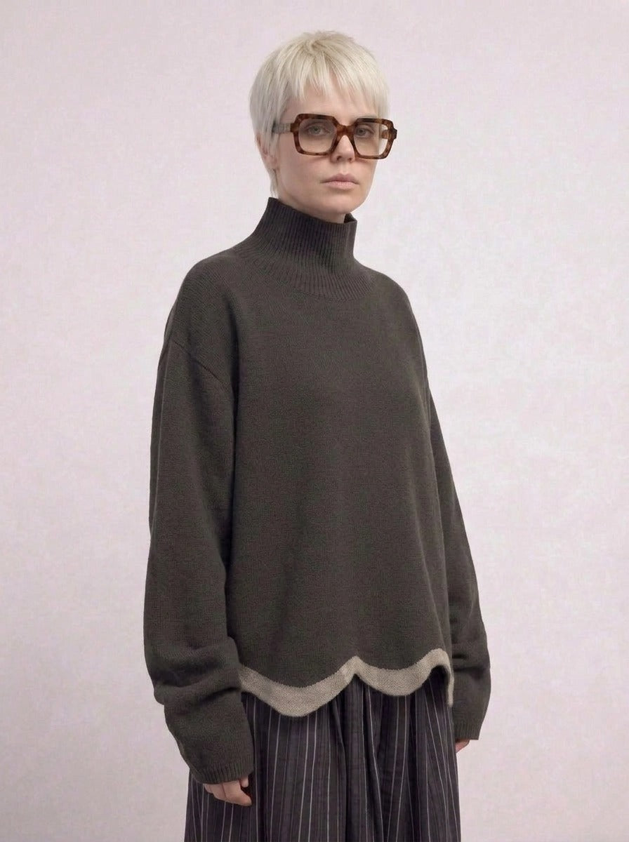 Limited Edition Dark Green Wave Hem Turtleneck Pullover