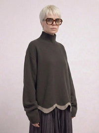 Limited Edition Dark Green Wave Hem Turtleneck Pullover