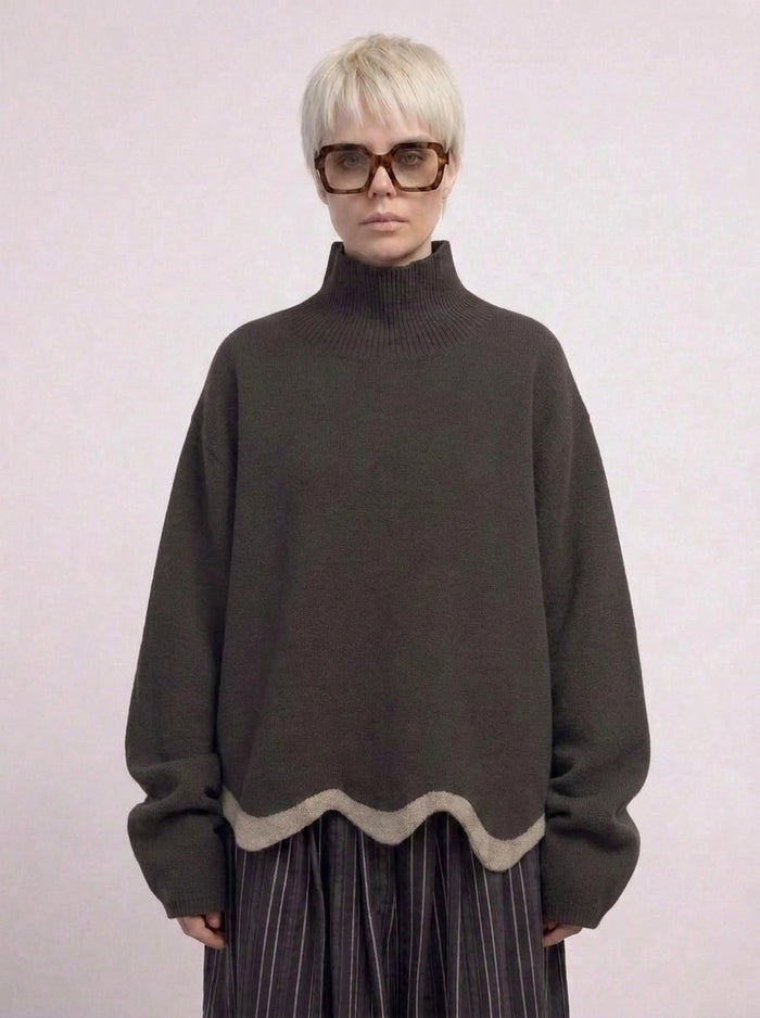 Limited Edition Dark Green Wave Hem Turtleneck Pullover