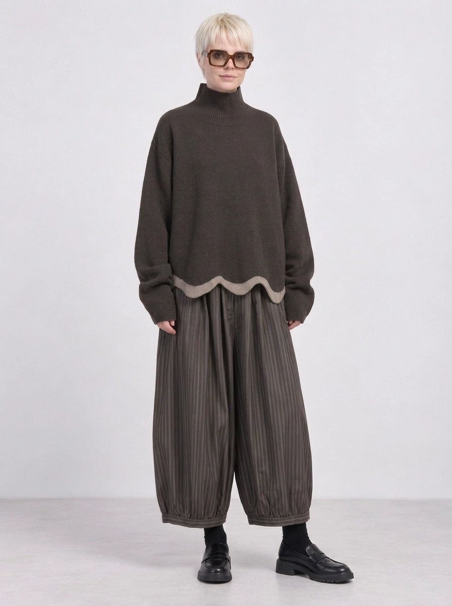 Olive Pinstripe Balloon Trousers | Relaxed Wide Leg