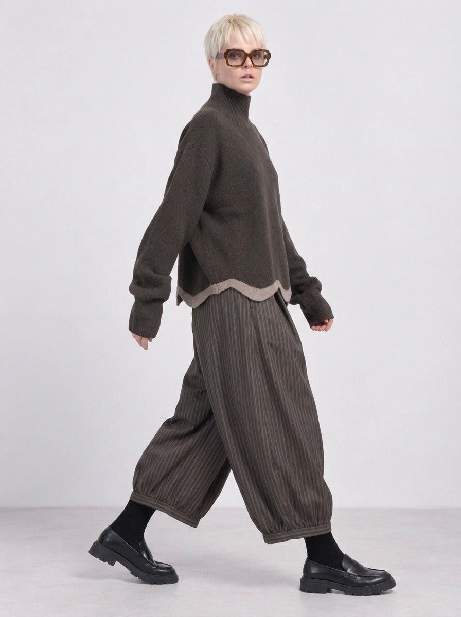 Olive Pinstripe Balloon Trousers | Relaxed Wide Leg
