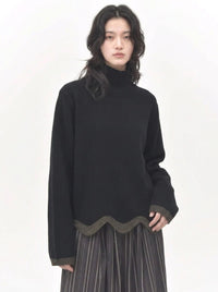 Black Wave Hem Turtleneck Pullover