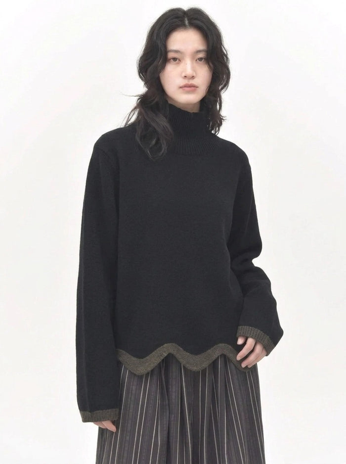 Black Wave Hem Turtleneck Pullover