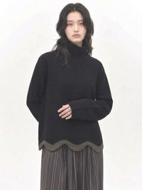 Black Wave Hem Turtleneck Pullover