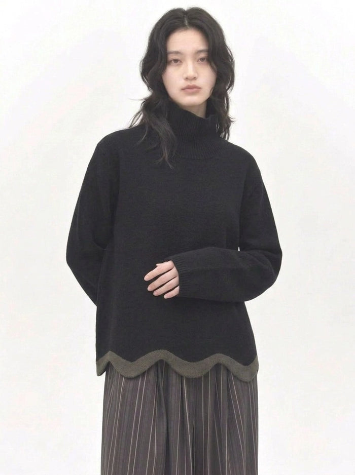 Black Wave Hem Turtleneck Pullover