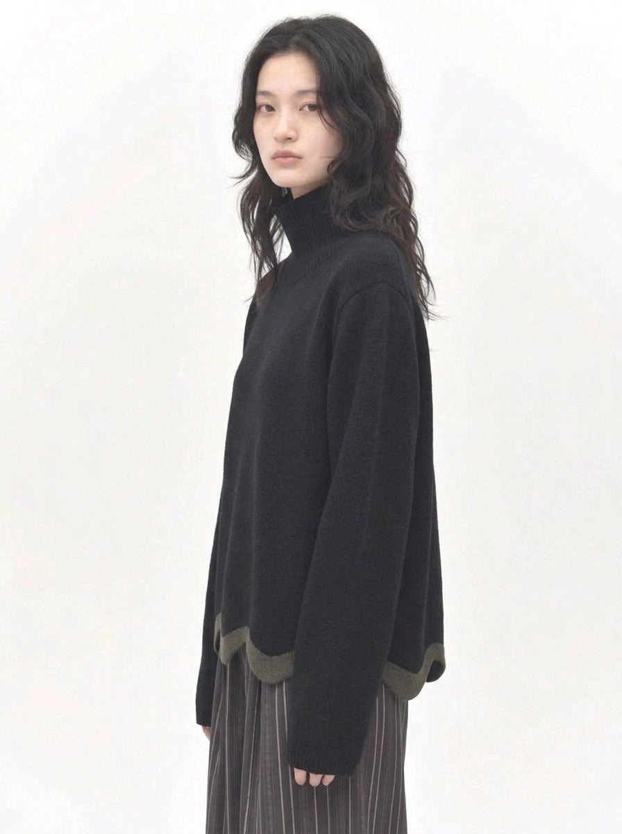 Black Wave Hem Turtleneck Pullover