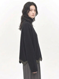 Black Wave Hem Turtleneck Pullover