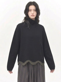 Black Wave Hem Turtleneck Pullover