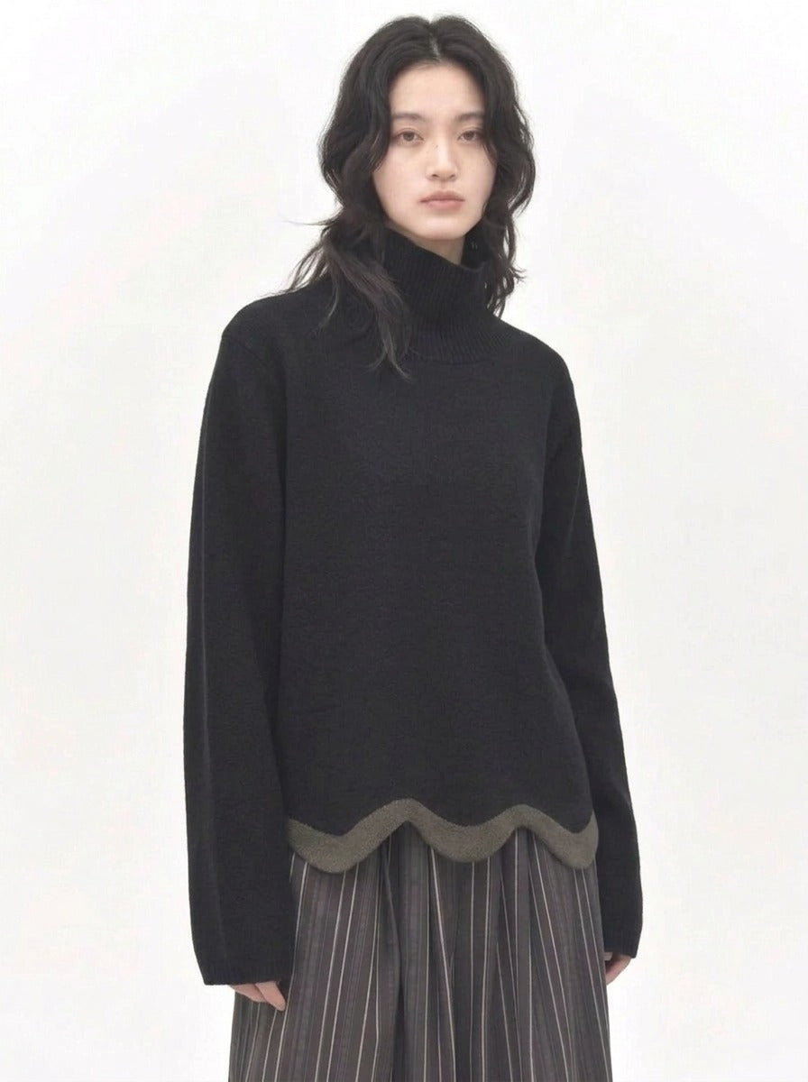 Black Wave Hem Turtleneck Pullover