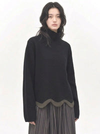 Black Wave Hem Turtleneck Pullover
