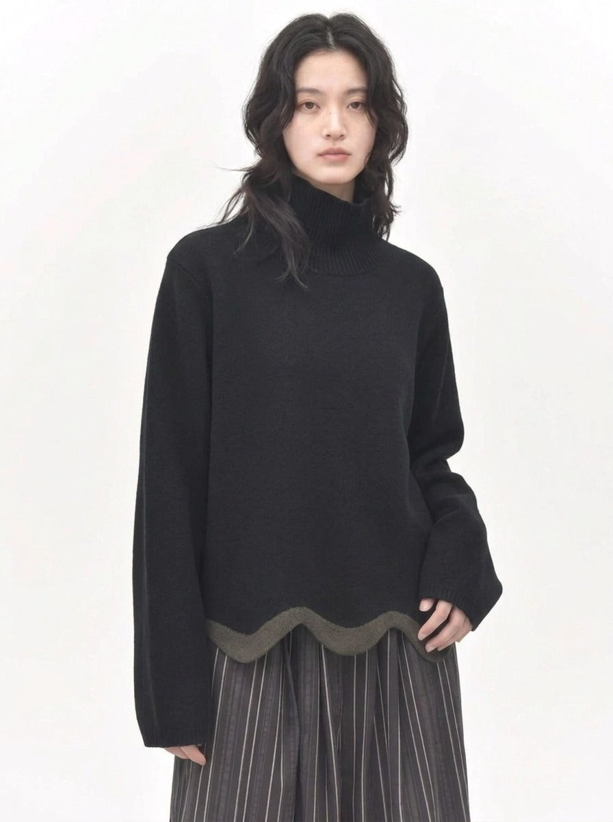 Black Wave Hem Turtleneck Pullover