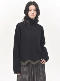 Black Wave Hem Turtleneck Pullover