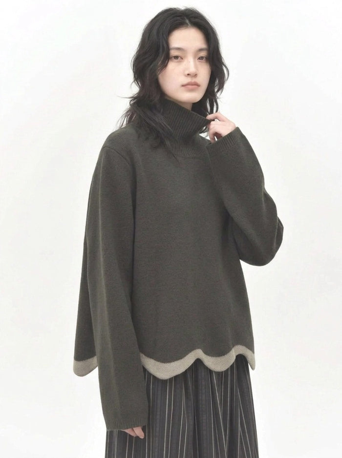 Limited Edition Dark Green Wave Hem Turtleneck Pullover