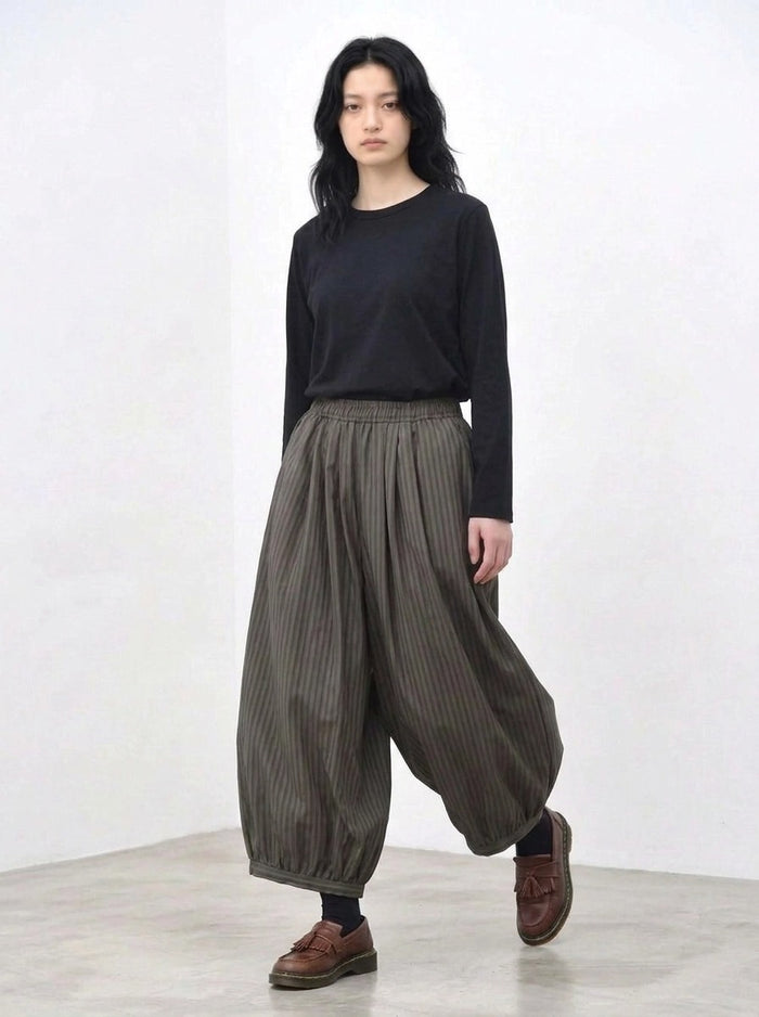 Olive Pinstripe Balloon Trousers | Relaxed Wide Leg-SimpleModerne