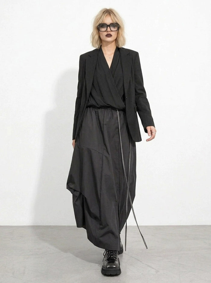 Black Asymmetric Draped Maxi Skirt-SimpleModerne