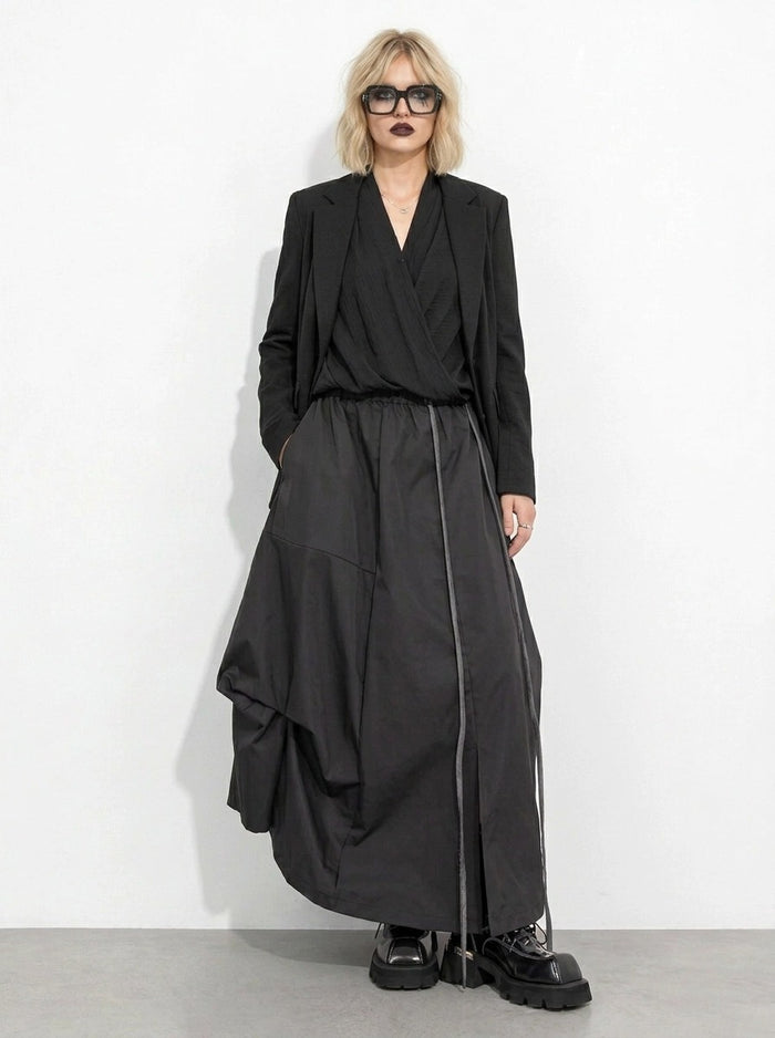 Black Asymmetric Draped Maxi Skirt-SimpleModerne