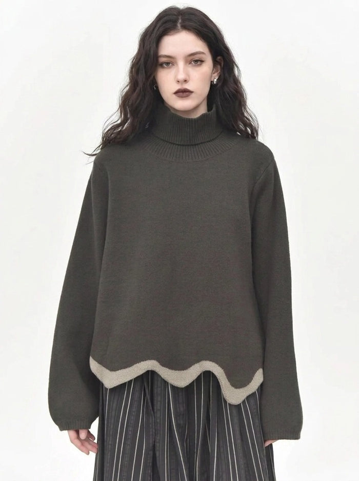 Limited Edition Dark Green Wave Hem Turtleneck Pullover