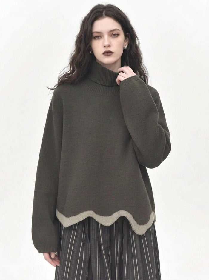 Limited Edition Dark Green Wave Hem Turtleneck Pullover