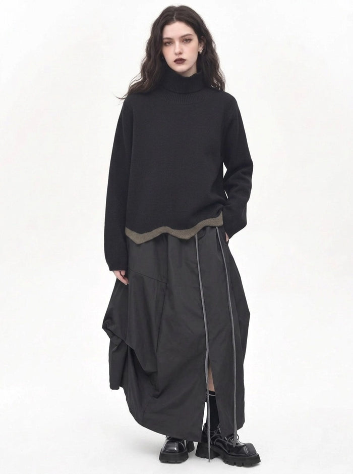 Black Asymmetric Draped Maxi Skirt