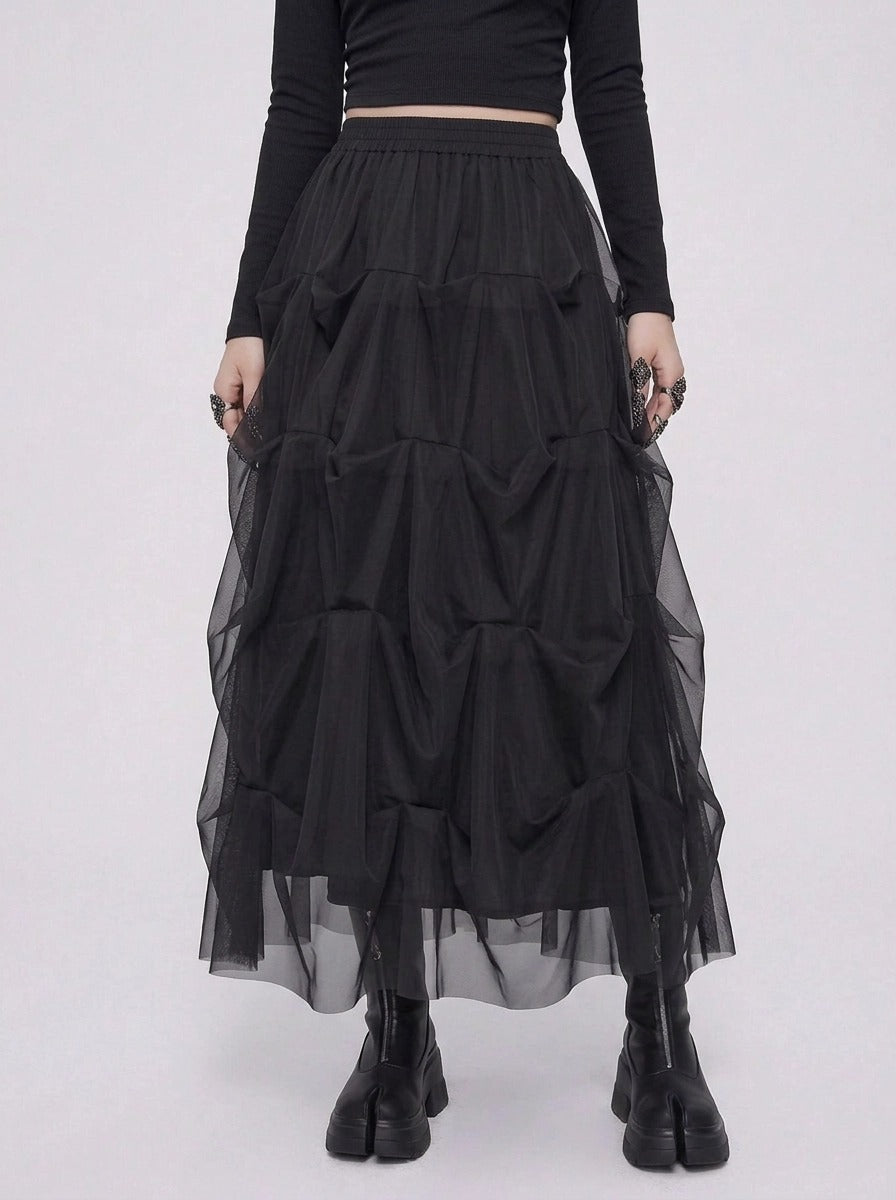 Black Gothic Ruched Tulle Maxi Skirt-SimpleModerne
