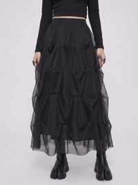 Black Gothic Ruched Tulle Maxi Skirt-SimpleModerne