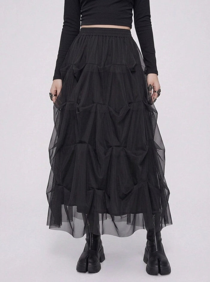 Black Gothic Ruched Tulle Maxi Skirt