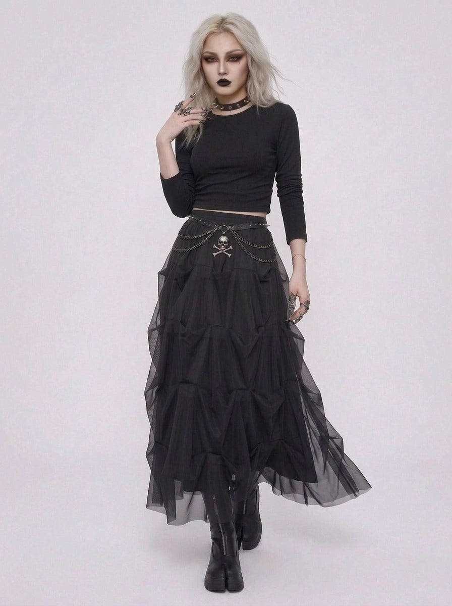 Black Gothic Ruched Tulle Maxi Skirt-SimpleModerne