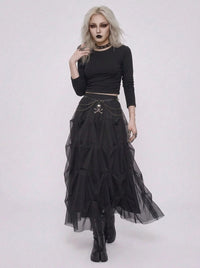 Black Gothic Ruched Tulle Maxi Skirt-SimpleModerne