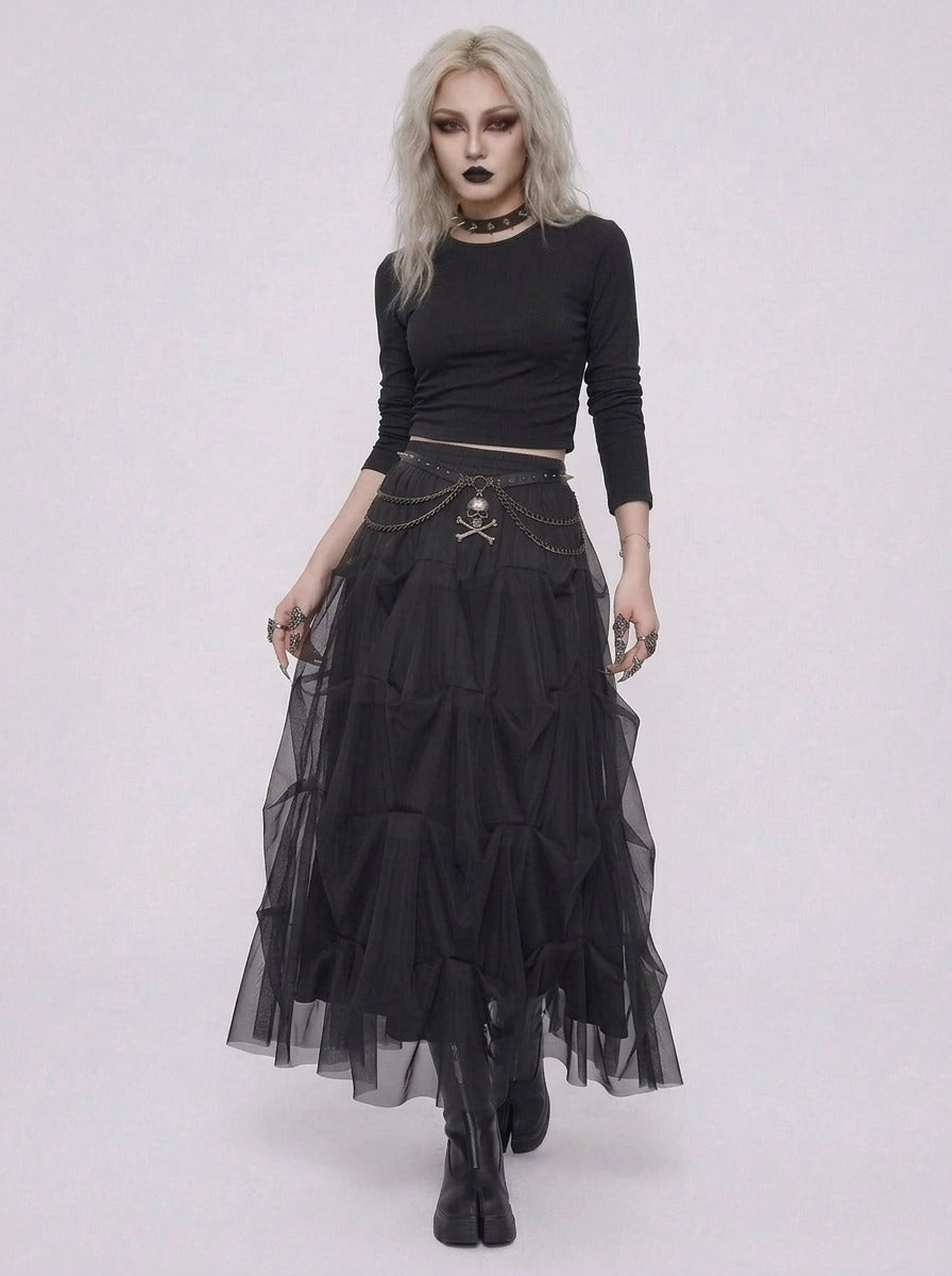 Black Gothic Ruched Tulle Maxi Skirt-SimpleModerne