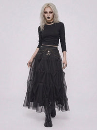 Black Gothic Ruched Tulle Maxi Skirt-SimpleModerne