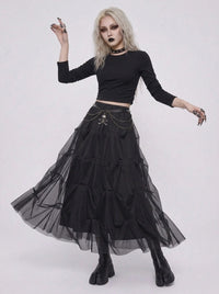 Black Gothic Ruched Tulle Maxi Skirt-SimpleModerne