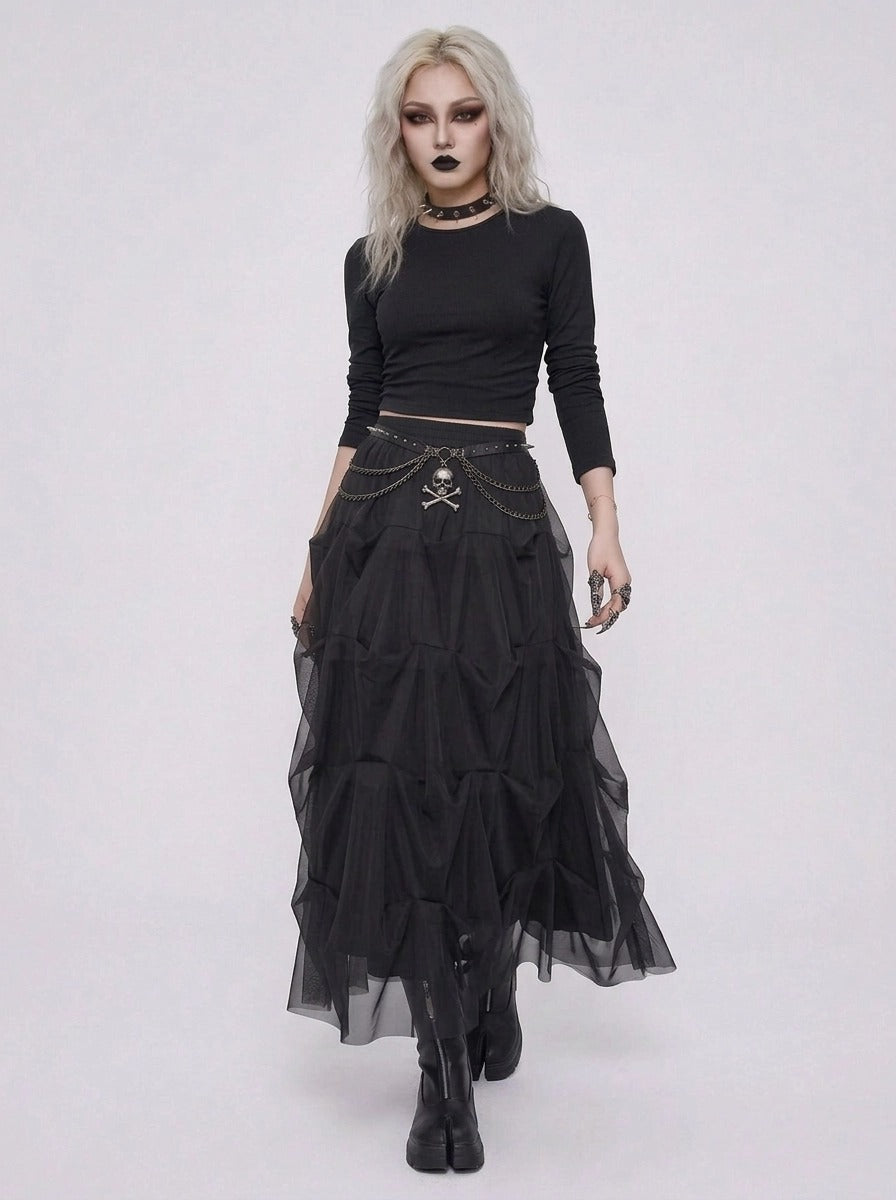 Black Gothic Ruched Tulle Maxi Skirt-SimpleModerne