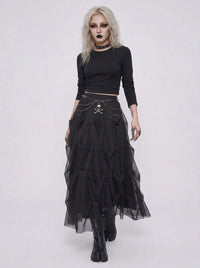 Black Gothic Ruched Tulle Maxi Skirt-SimpleModerne