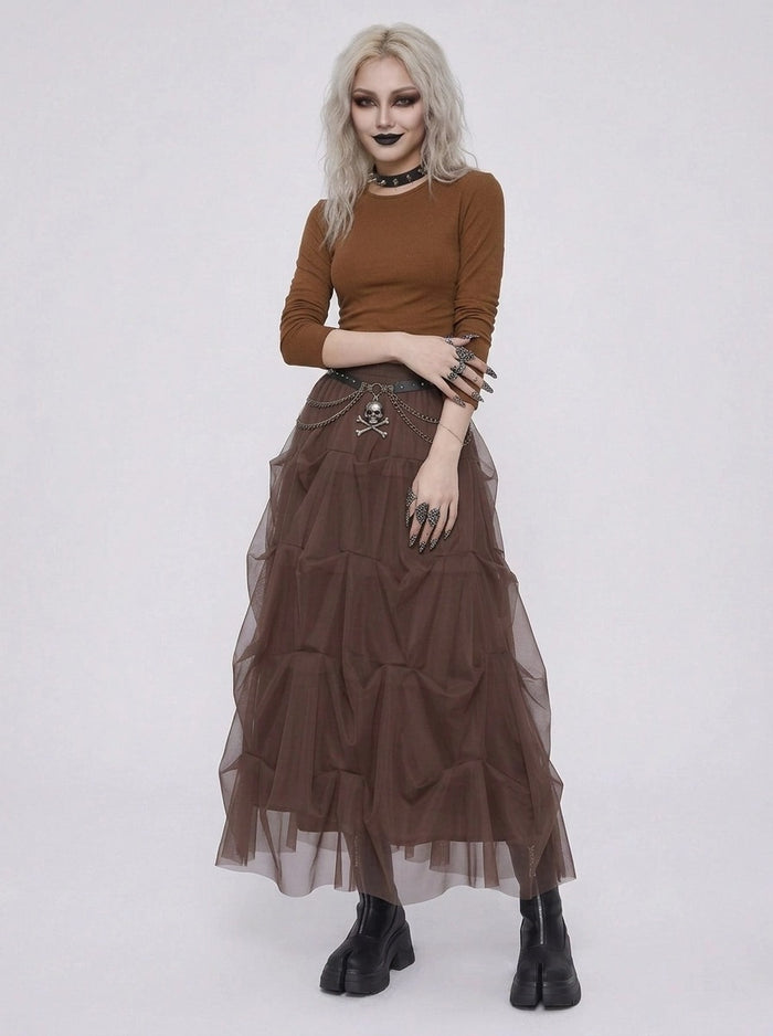 Chocolate Brown Ruched Tulle Maxi Skirt