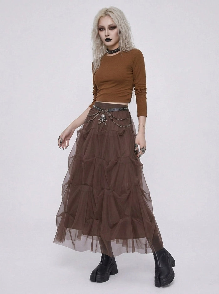Chocolate Brown Ruched Tulle Maxi Skirt