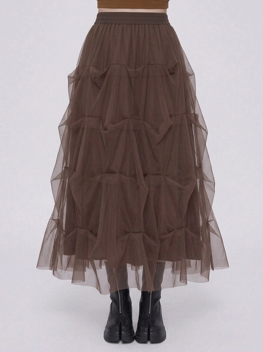 Chocolate Brown Ruched Tulle Maxi Skirt-SimpleModerne
