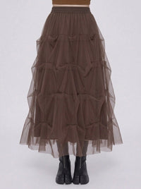 Chocolate Brown Ruched Tulle Maxi Skirt-SimpleModerne