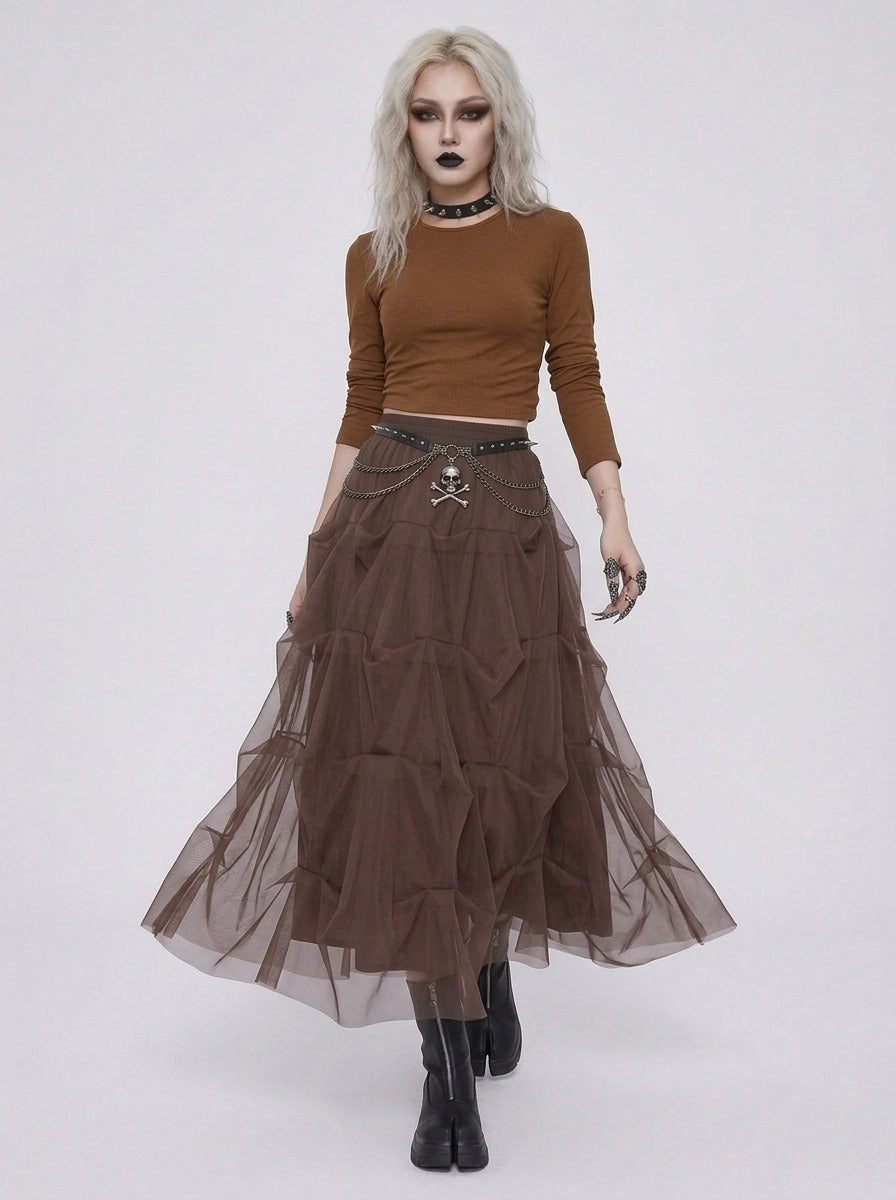 Chocolate Brown Ruched Tulle Maxi Skirt-SimpleModerne