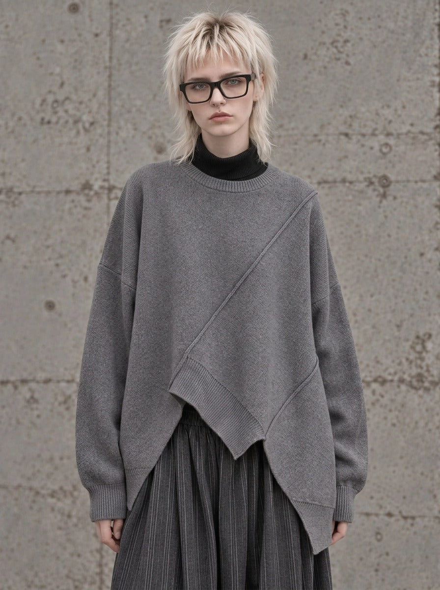 Grey Asymmetric Oversized Knitted Pullover-SimpleModerne