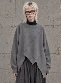 Grey Asymmetric Oversized Knitted Pullover-SimpleModerne