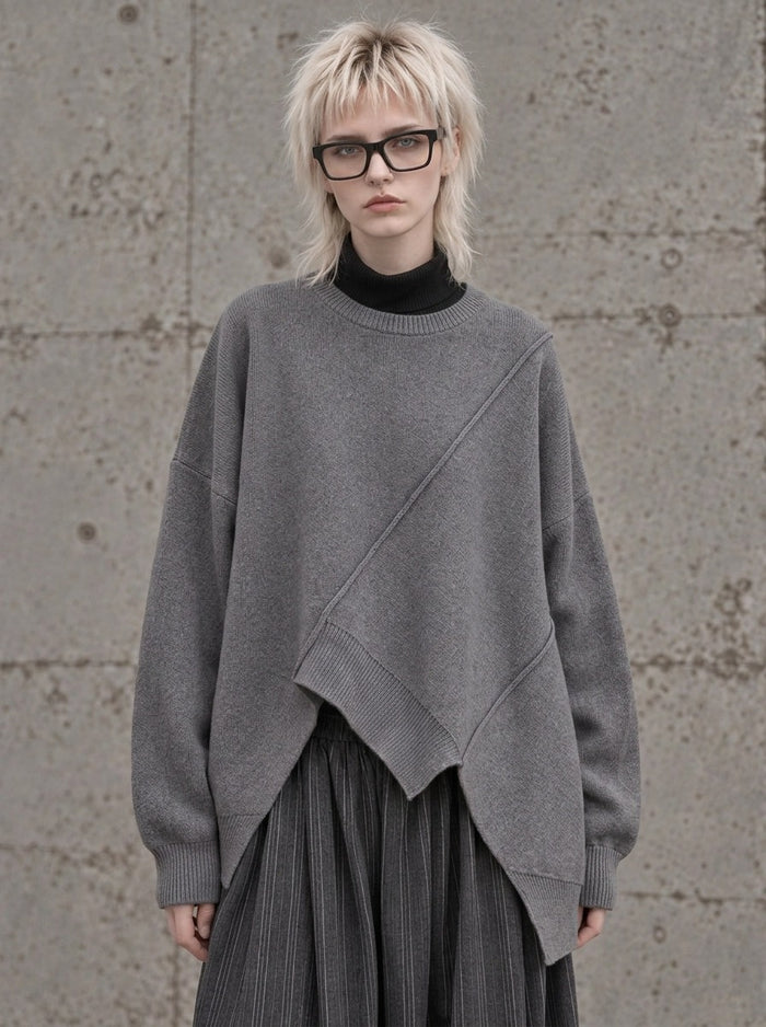 Grey Asymmetric Oversized Knitted Pullover-SimpleModerne