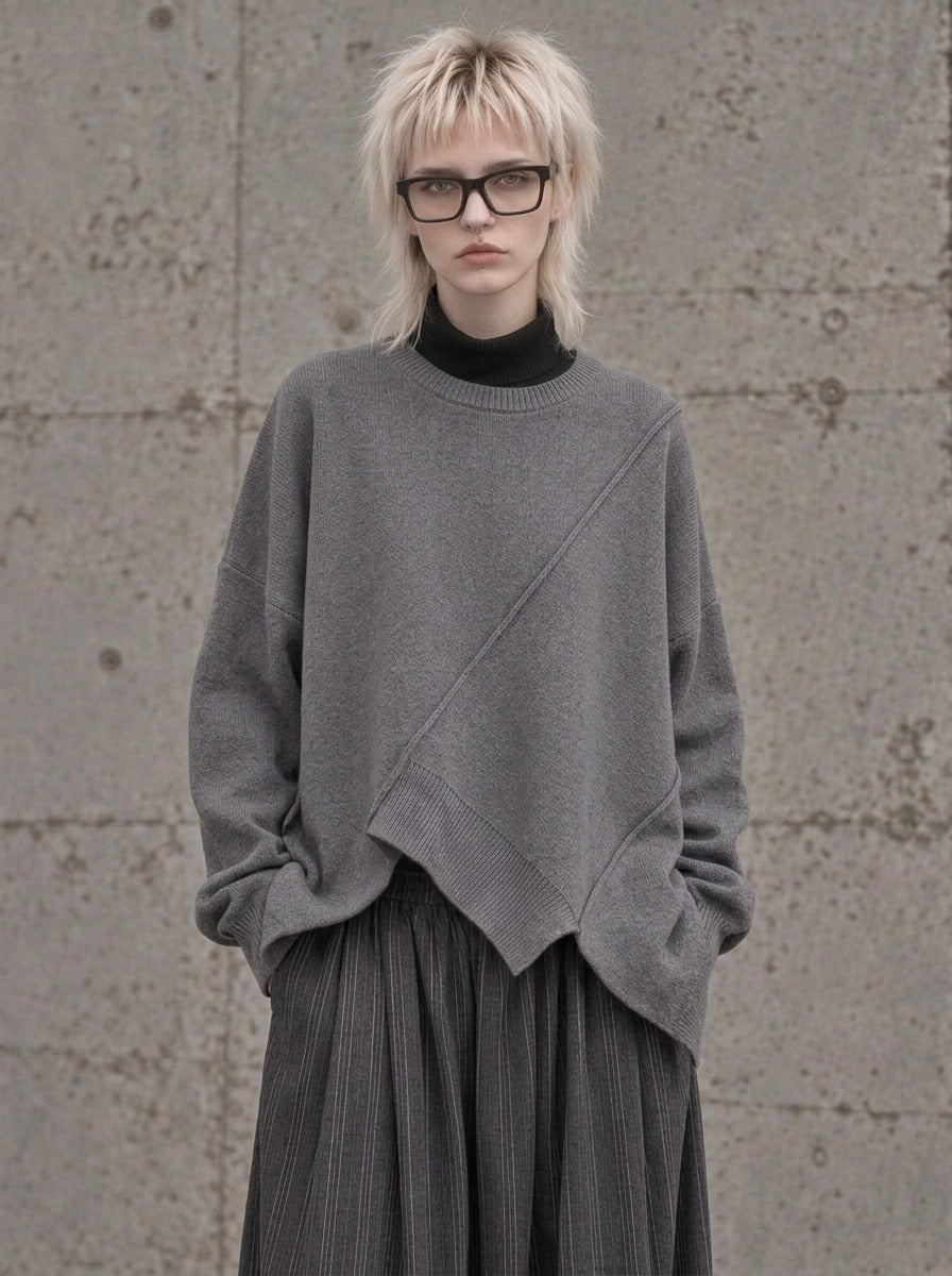 Grey Asymmetric Oversized Knitted Pullover-SimpleModerne