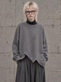 Grey Asymmetric Oversized Knitted Pullover-SimpleModerne