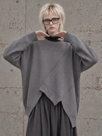 Grey Asymmetric Oversized Knitted Pullover-SimpleModerne