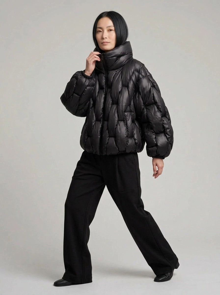 Black Woven Oversized Puffer Jacket