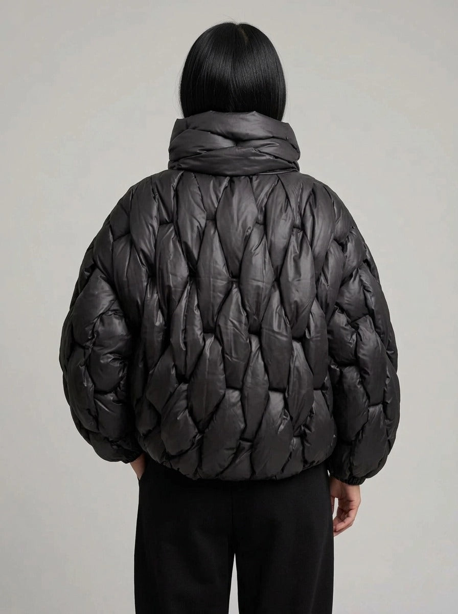 Black Woven Oversized Puffer Jacket