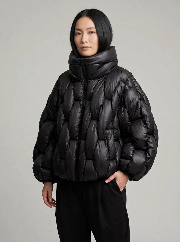 Black Woven Oversized Puffer Jacket