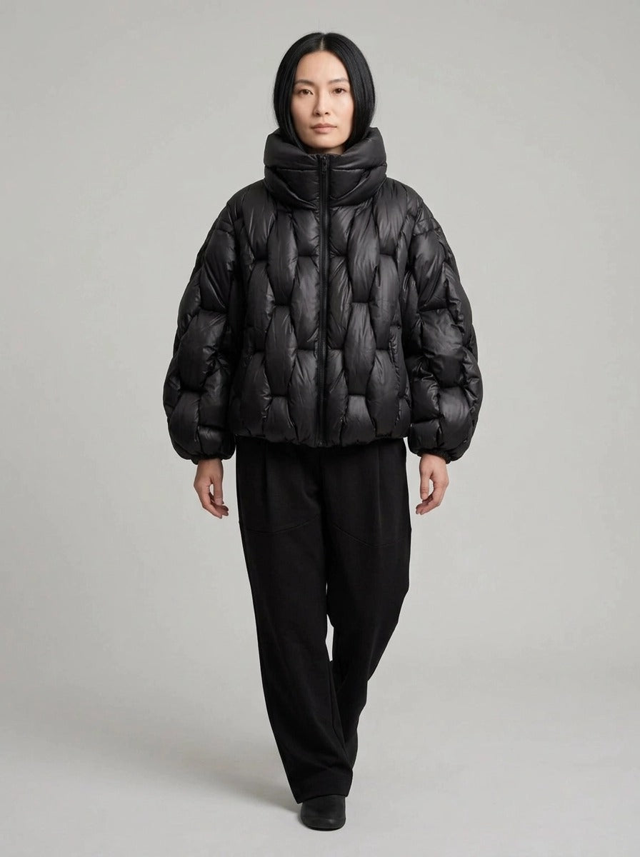 Black Woven Oversized Puffer Jacket