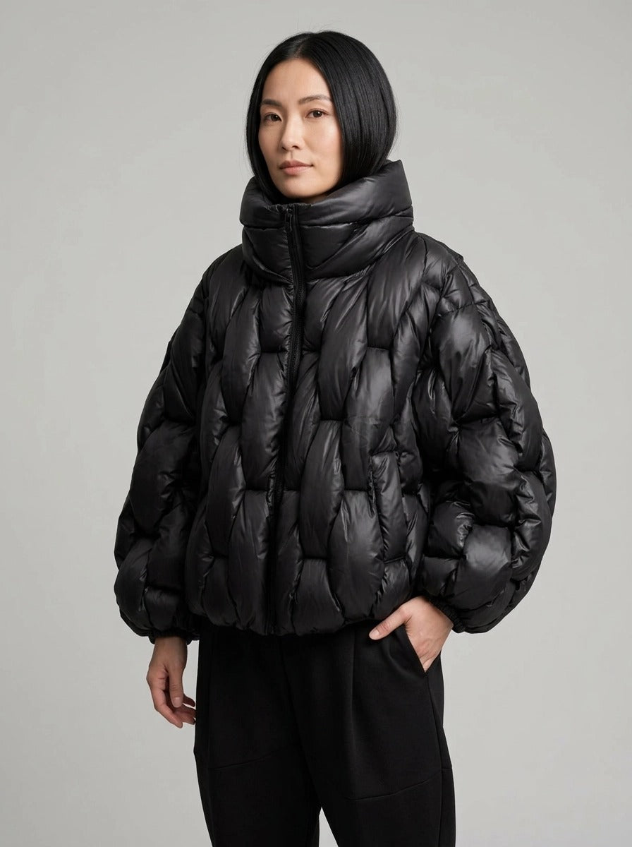 Black Woven Oversized Puffer Jacket