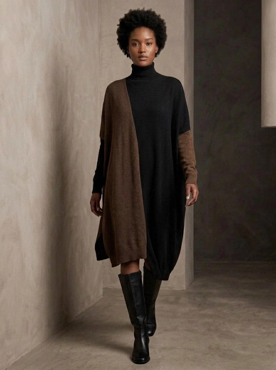 Black & Brown Asymmetric Oversized Turtleneck Pullover